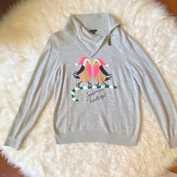 Talbots Novelty Bird Sweater Asymmetrical Zip "Seasons Tweetings" Grey Wool L - Picture 4 of 8